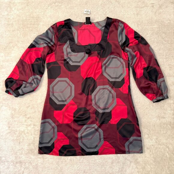 Womens Size XL Satin Dress Geometric Print Poet Sleeves Button Detail Mixit Mod - Picture 6 of 10